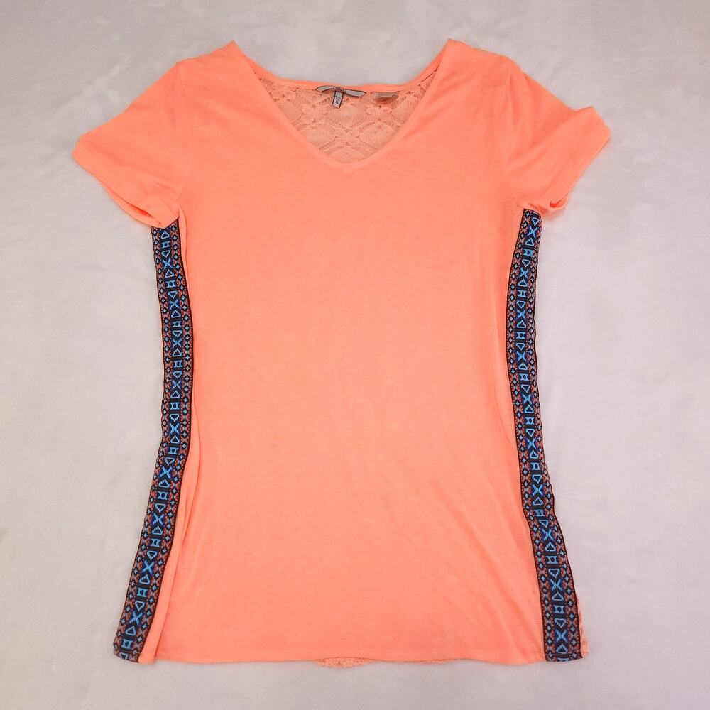 Vintage Y2k Neon Orange Pink Lace Boho Shirt Buckle BKE Small Burnout Aztec
